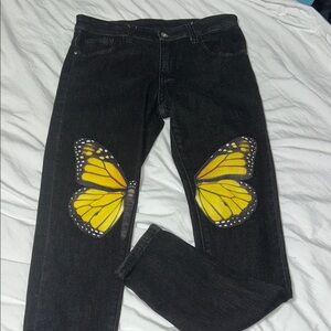 Black Jeans with Yellow Butterfly Design